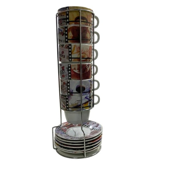 Cypress Home Stackable Coffee Mugs with Stack-Rack Set of 13| 6 cups & 6 Saucers - Picture 1 of 6